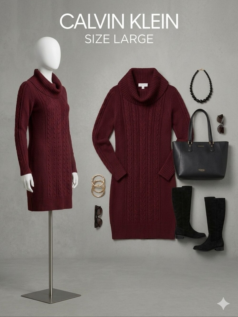 Calvin Klein Burgundy Cowl Neck Sweater Dress Size L Leather Details Midi EUC
